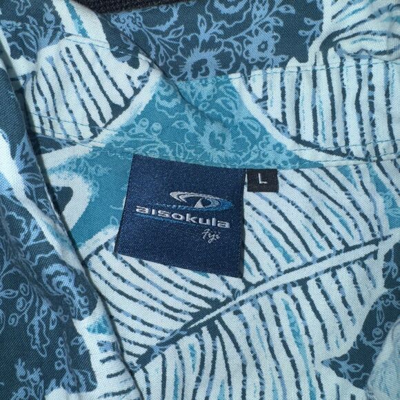 Aisokula Fiji Men`s Turquoise & Wht Short Sleeve Hawaiian Tropical Shirt Size L - Picture 3 of 4